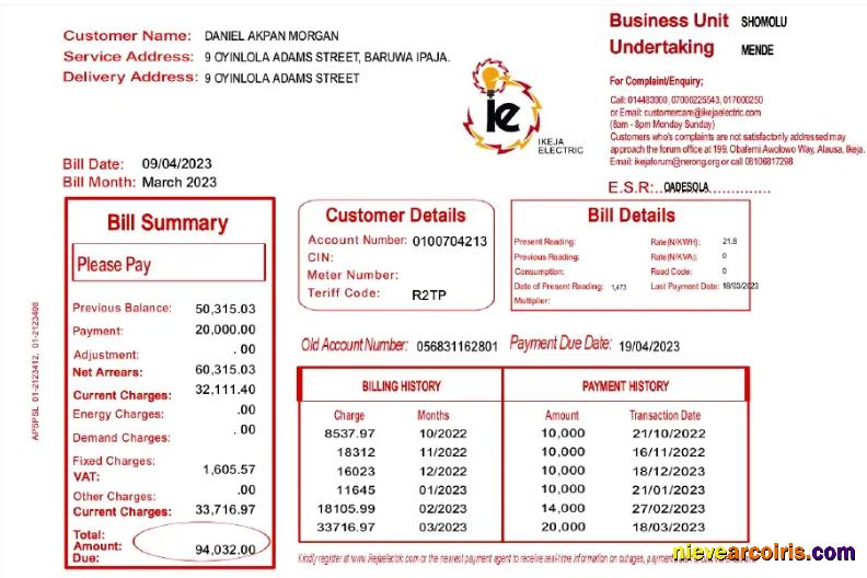 NIGEIA IKEJA utility bill